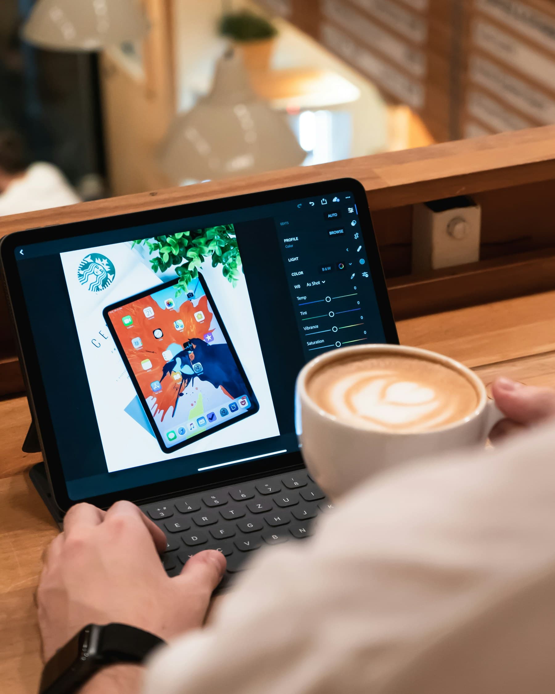 Person using a laptop beside a cup of coffee
